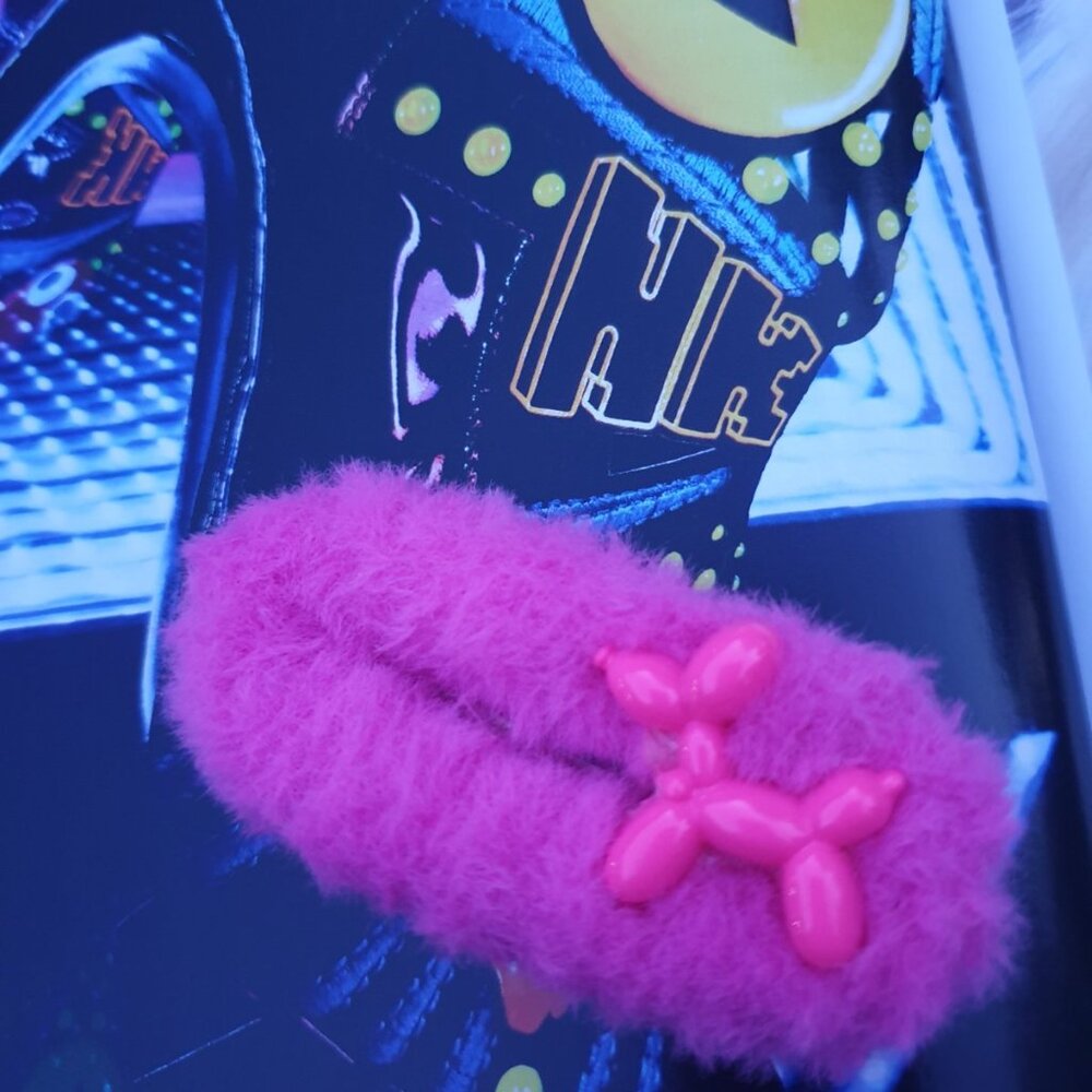 Women Black Pink Faux Fur Balloon Dog Hair Clip Pin Girls Casual Accessory Gift